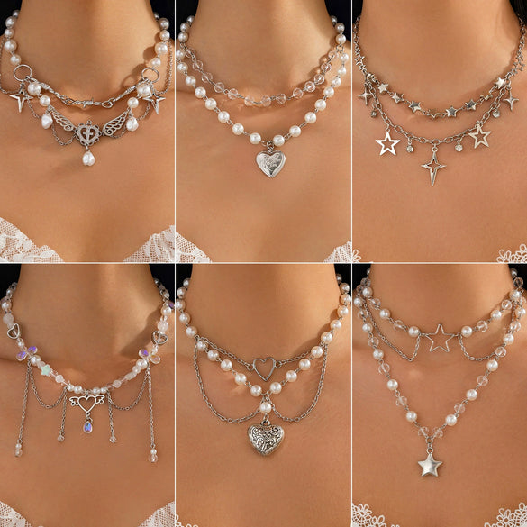 Pendant Tassel Necklace Imitation Pearl Alloy Heart Drop Star Geometric Electroplated For Women