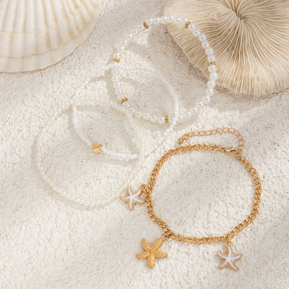 Pendant Women Holiday Style Starfish Rice Beads Imitation Pearl Iron Chain Alloy Dripping Oil Star Design