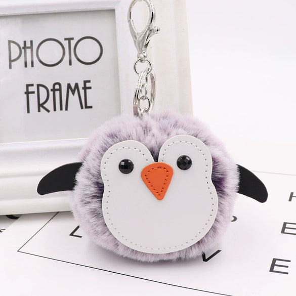 Penguin Plush Pu Leather Fur Ball Keychain Backpack Bag Pendant
