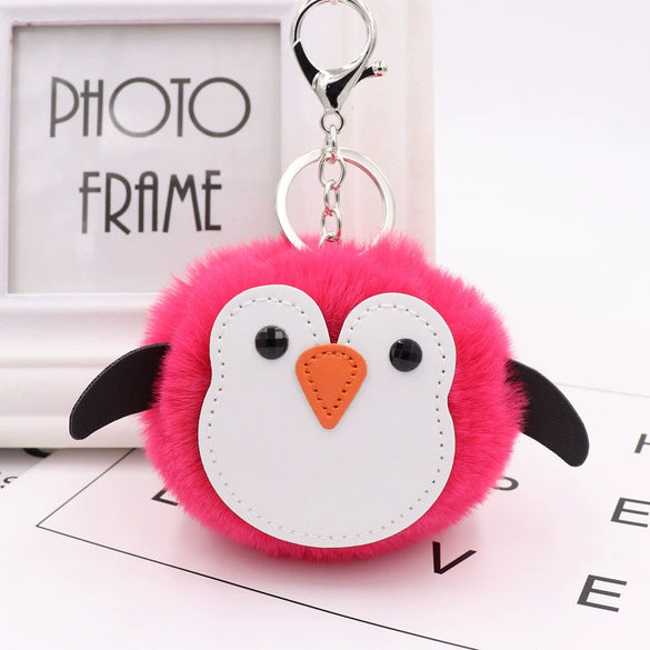 Penguin Plush Pu Leather Fur Ball Keychain Backpack Bag Pendant