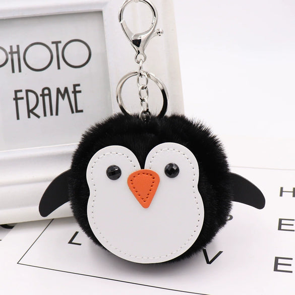 Penguin Plush Pu Leather Fur Ball Keychain Backpack Bag Pendant