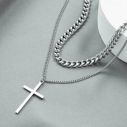 Trendy Design Sense Internet Celebrity Same Style Personality Cross Double Layer Twin Necklace All-match Cold Sweater Chain Accessories