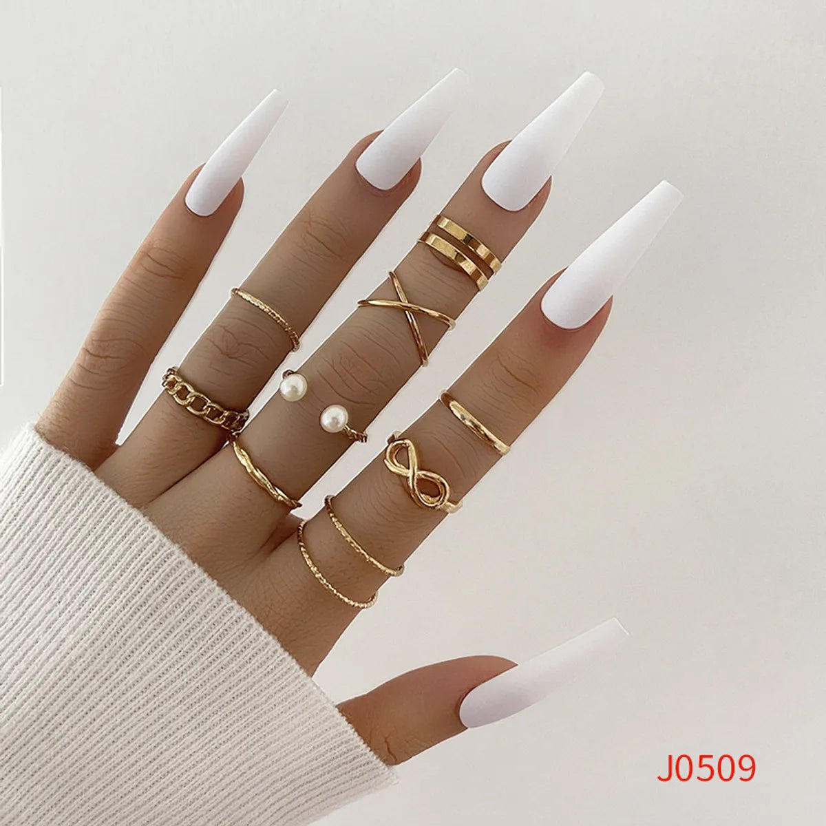 Personality Trend Simple Wave Twist Open Pearl Joint Ten-Piece Ring