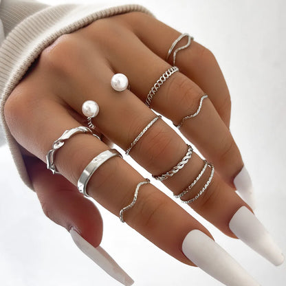 Personality Trend Simple Wave Twist Open Pearl Joint Ten-Piece Ring