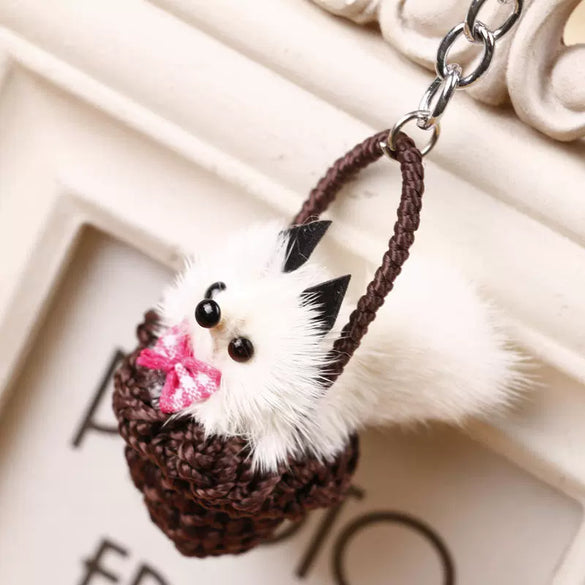Pet Plush Keychain Mink Hair Basket Pendant For Women's Bags And Cars