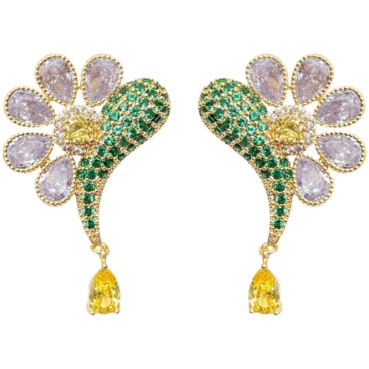 Petal Flower Fish-shaped Earrings Full Diamond Luxury Plated 925 Silver Needle Daisy Earrings