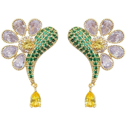 Petal Flower Fish-shaped Earrings Full Diamond Luxury Plated 925 Silver Needle Daisy Earrings