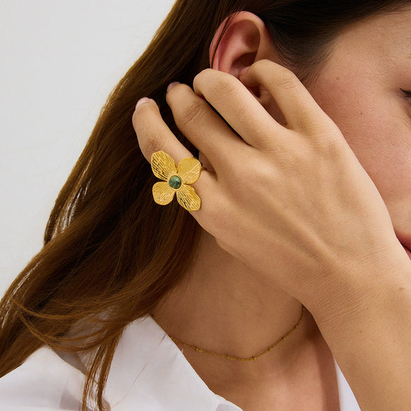 Petal Flower Inlaid Opening Ring Stainless Steel Electroplated Women's Hand Jewelry