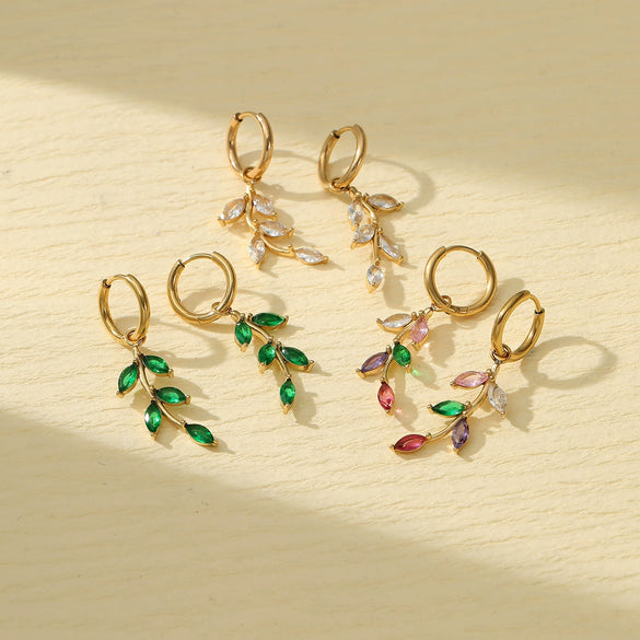 Petal Leaf Zircon Stainless Steel 18K Electroplated Women's Earrings