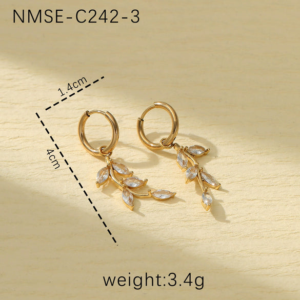 Petal Leaf Zircon Stainless Steel 18K Electroplated Women's Earrings