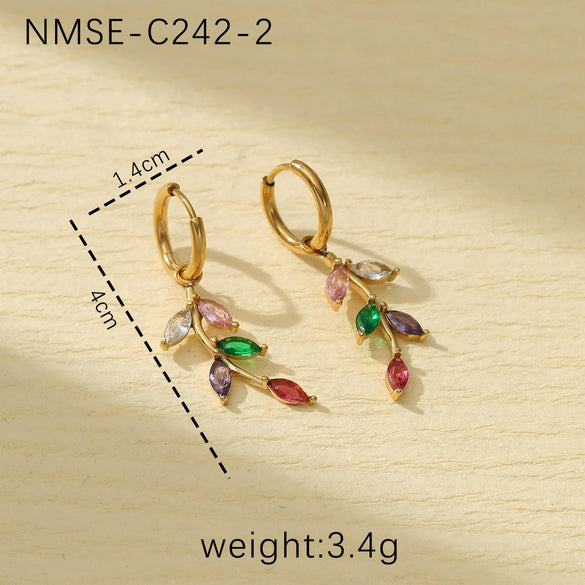 Petal Leaf Zircon Stainless Steel 18K Electroplated Women's Earrings