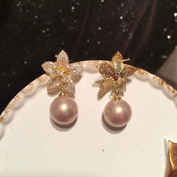 Petal Pearl Earrings With S925 Silver Needle And Golden Flower Design Electroplated