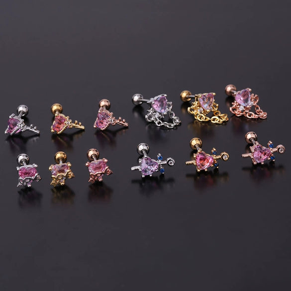 Piercing Earrings Stainless Steel Heart Tourmaline Gradient Zircon Electroplated