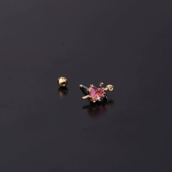 Piercing Earrings Stainless Steel Heart Tourmaline Gradient Zircon Electroplated