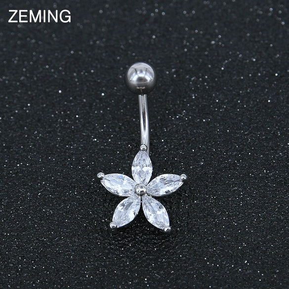 Piercing Jewelry Belly Button Ring Personality Flowershaped Stainless Steel Belly Button Nail Simple Zircon Navel Decoration Spot Wholesale