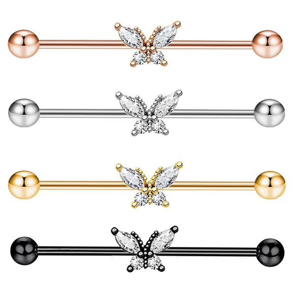 Piercing Jewelry Industrial Barbell Stud Earrings Butterfly Zircon Ear Bridge Double Ear Piercing Stainless Steel Geometric Electroplating Minimalist