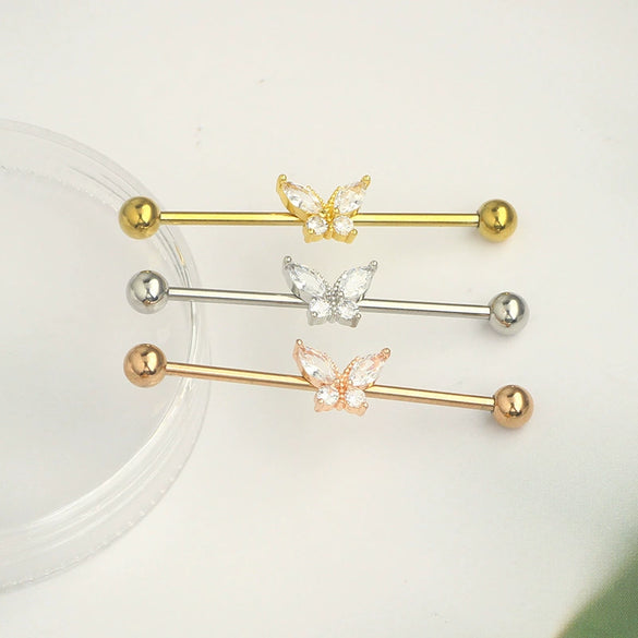 Piercing Jewelry Industrial Barbell Stud Earrings Butterfly Zircon Ear Bridge Double Ear Piercing Stainless Steel Geometric Electroplating Minimalist