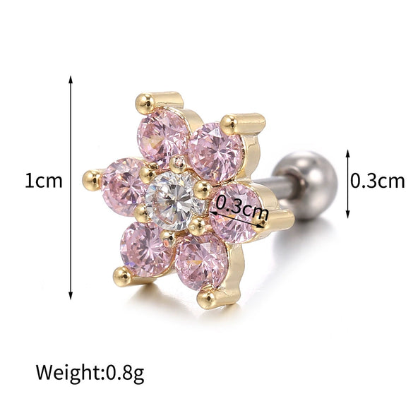 Piercing Jewelry Screw Earrings Copper Real Gold Plated Small Flower Zircon For Women