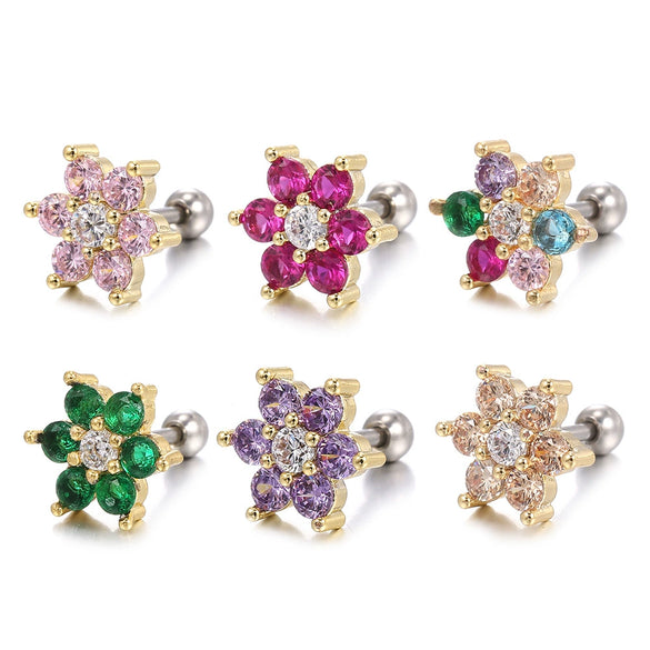 Piercing Jewelry Screw Earrings Copper Real Gold Plated Small Flower Zircon For Women