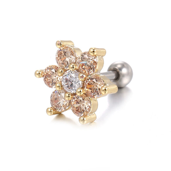 Piercing Jewelry Screw Earrings Copper Real Gold Plated Small Flower Zircon For Women