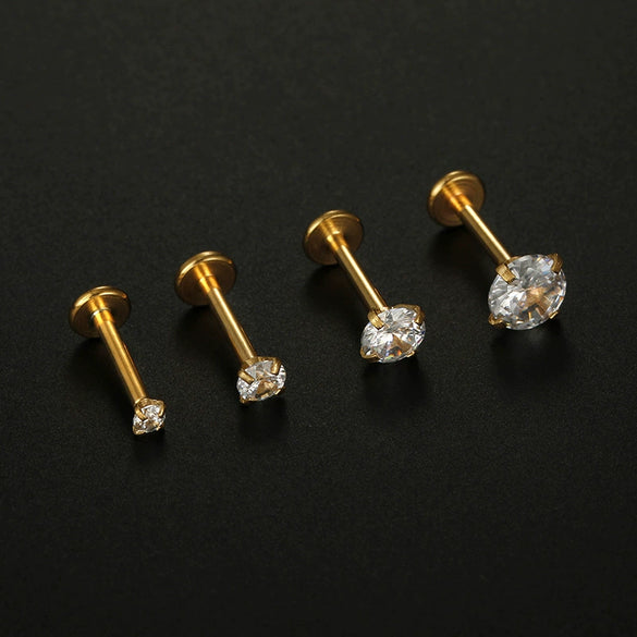 Piercing Jewelry Stainless Steel 316L Unisex Geometric Fourclaw Flat Bottom Zircon Ear Nail Lip Nail Earring Electroplated
