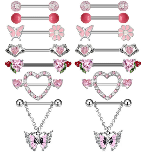 Piercing Jewelry Zinc Alloy Heartshaped Geometric Pink Zircon Breast Ring Unisex