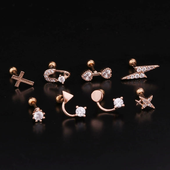 Piercing Thread Earrings Stainless Steel Rose Gold Zircon Geometric Fashion Jewelry For Women
