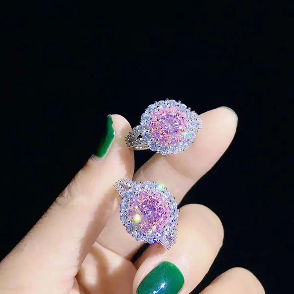 Pink Crystal Set Earrings Ring Necklace Retro Exquisite Zircon Earrings Pendant Special-interest Design Simple Ring