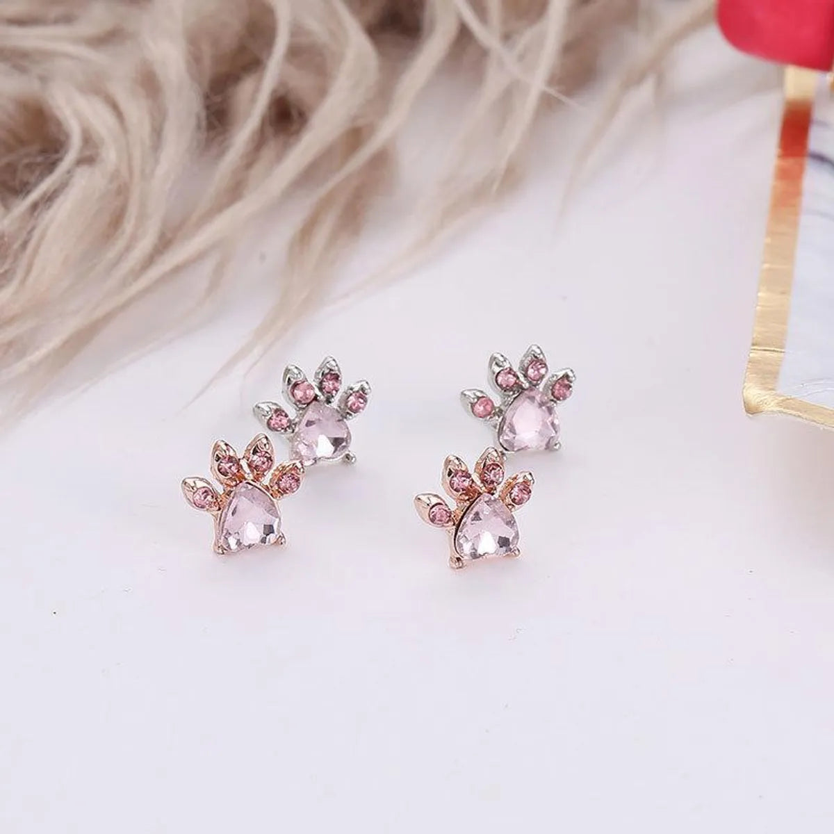 Pink Crystal Zircon Cat Paw Print Cat Ear Studs