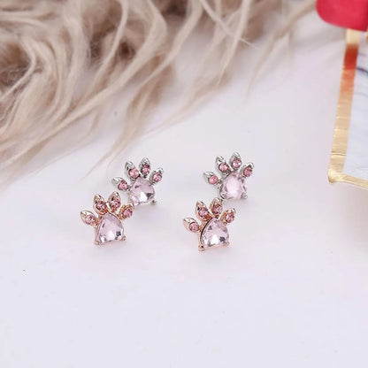 Pink Crystal Zircon Cat Paw Print Cat Ear Studs