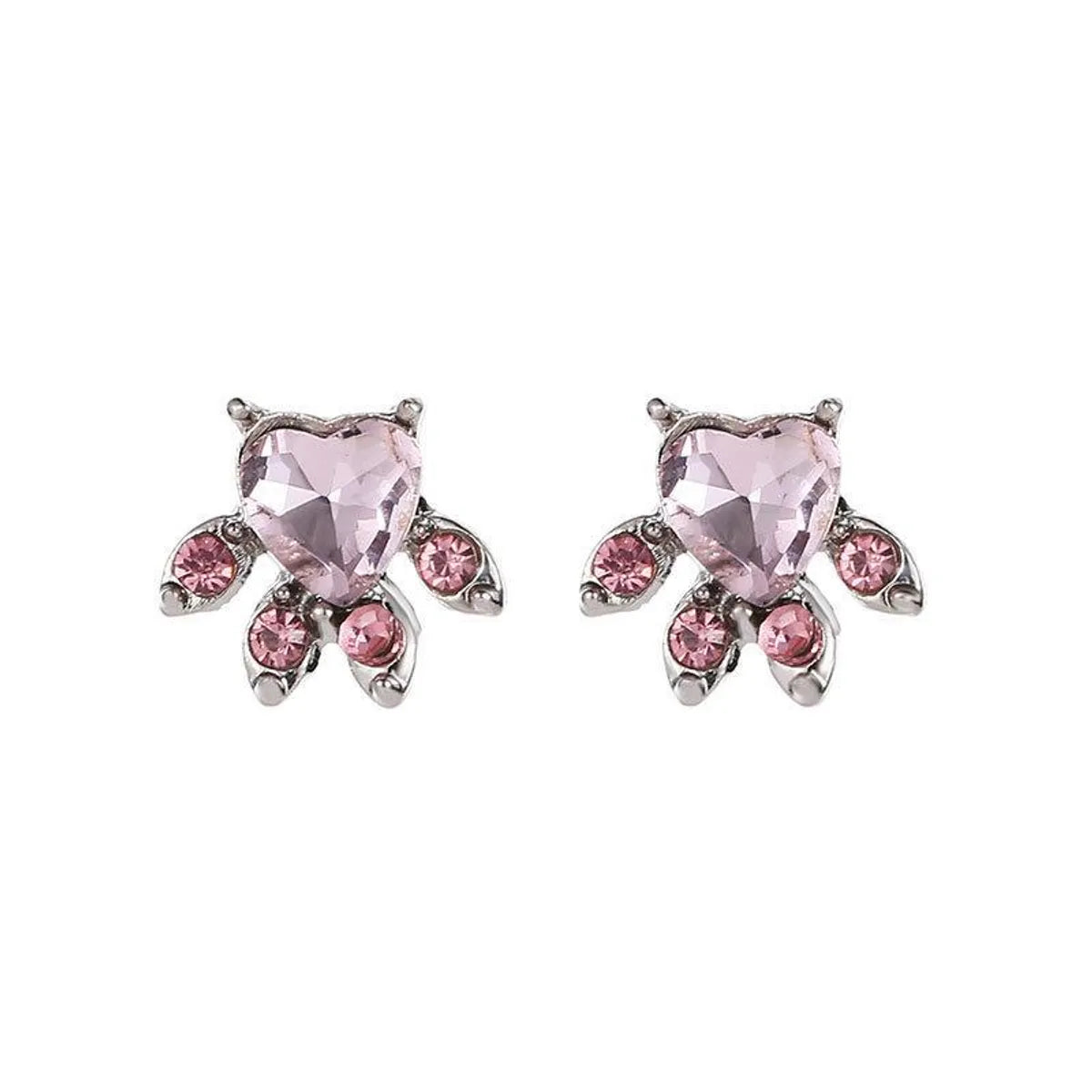 Pink Crystal Zircon Cat Paw Print Cat Ear Studs