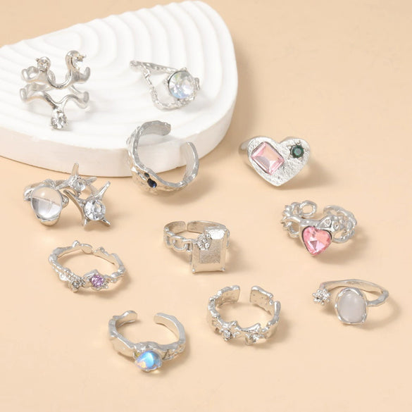 Pink Diamond Zircon Opening Asymmetrical Ring For Women In Cold Style Alloy Material With Geometric Styling And Electroplating Process