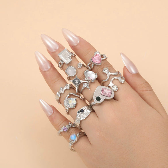 Pink Diamond Zircon Opening Asymmetrical Ring For Women In Cold Style Alloy Material With Geometric Styling And Electroplating Process