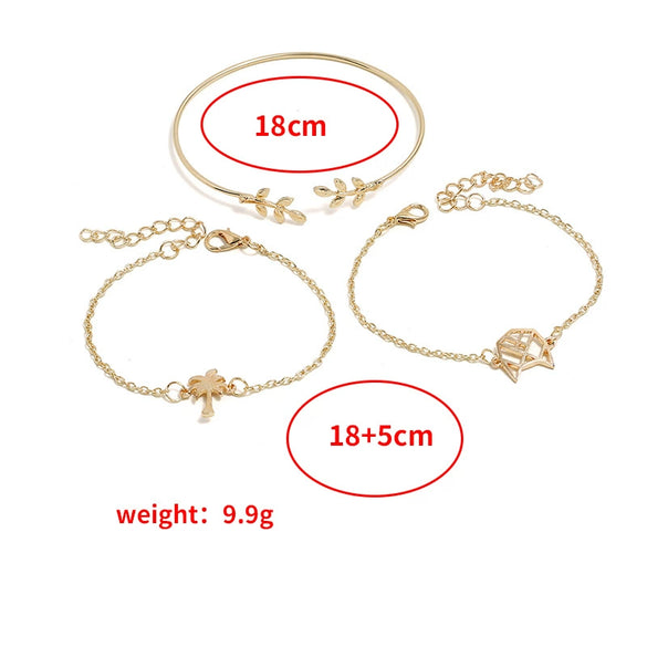 Pink Rhinestone Coconut Tree Woven Pearl Alloy Bracelet Set Geometric Pastoral Style Unisex Fashion Bracelets