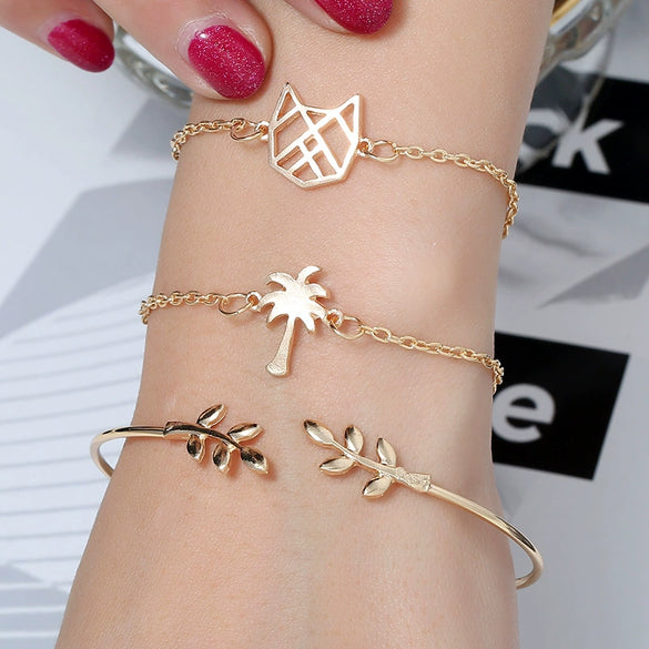Pink Rhinestone Coconut Tree Woven Pearl Alloy Bracelet Set Geometric Pastoral Style Unisex Fashion Bracelets