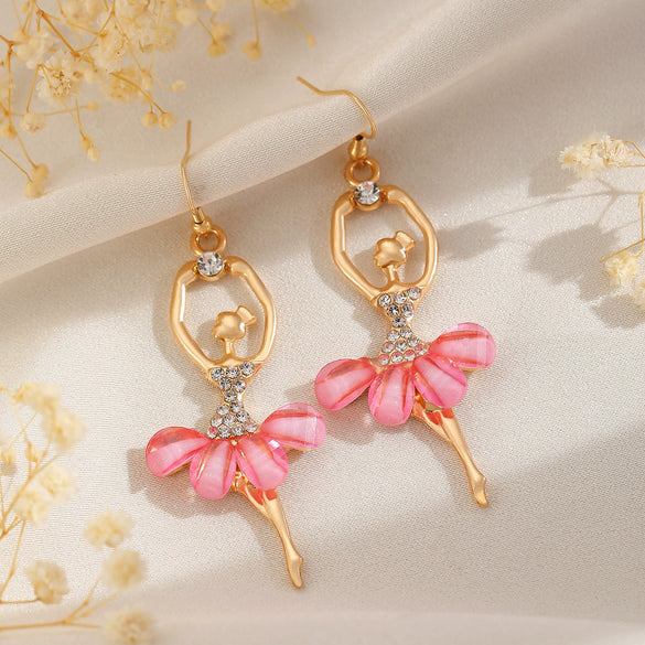 Pink Skirt Ballet Girl Alloy Fashion Jewelry Set With Electroplated Clavicle Chain And Diamond Crystal Earrings For Women