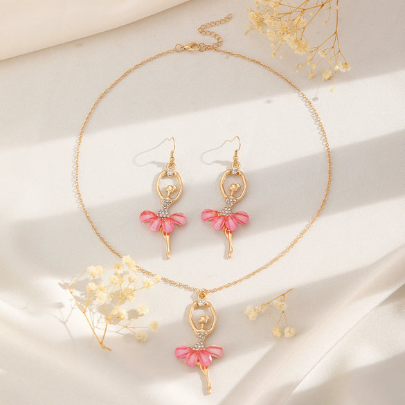 Pink Skirt Ballet Girl Alloy Fashion Jewelry Set With Electroplated Clavicle Chain And Diamond Crystal Earrings For Women