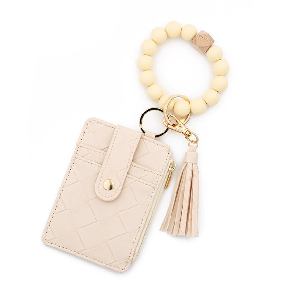 Plaid Card Case Pu Leather Women's Wallet Woven Silicone Bead Bracelet Keychain
