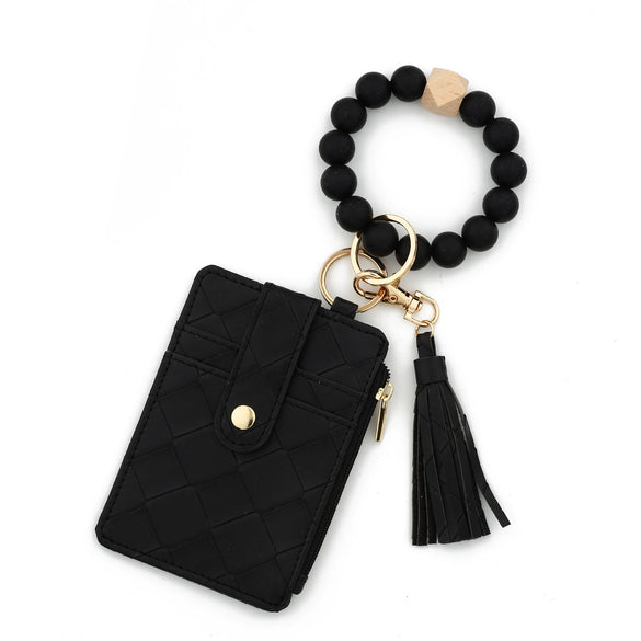 Plaid Card Case Pu Leather Women's Wallet Woven Silicone Bead Bracelet Keychain