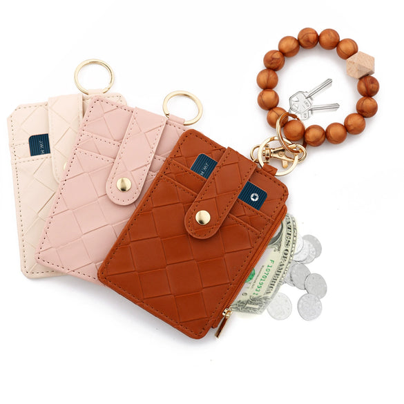 Plaid Card Case Pu Leather Women's Wallet Woven Silicone Bead Bracelet Keychain