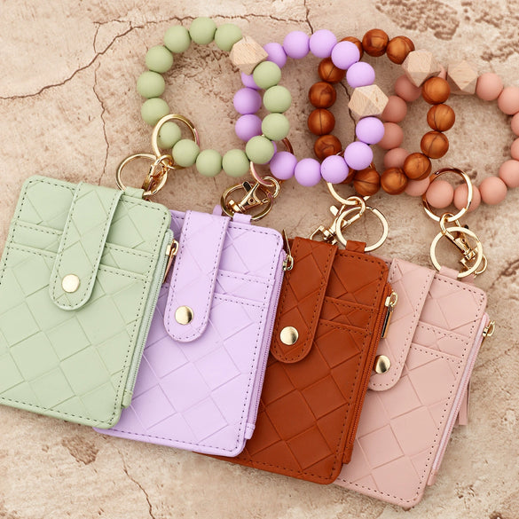 Plaid Card Case Pu Leather Women's Wallet Woven Silicone Bead Bracelet Keychain