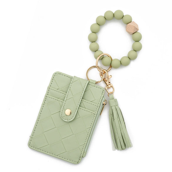 Plaid Card Case Pu Leather Women's Wallet Woven Silicone Bead Bracelet Keychain