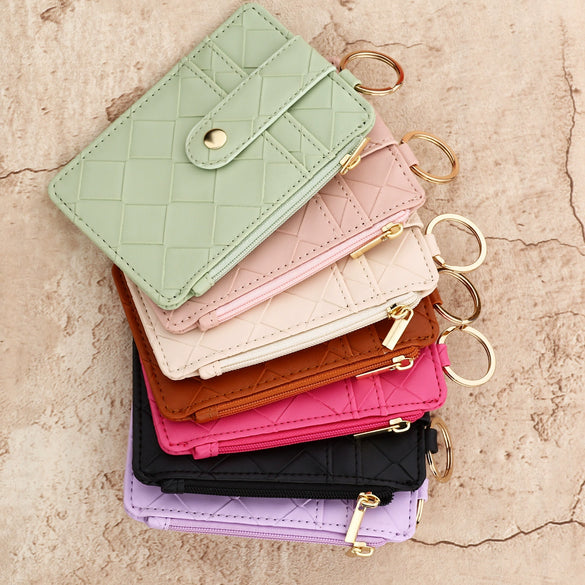 Plaid Hanging Vertical Bag Zipper Card Bag Coin Purse Women's Wallet Pu Leather Solid Color Urban Simplicity Woven Pattern