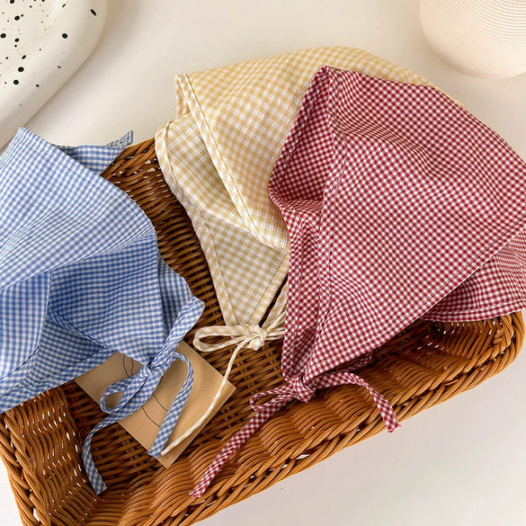 Plaid Silk Turban Scarf For Women Spring And Summer Hair Accessory In French Pastoral Style