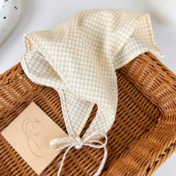 Plaid Silk Turban Scarf For Women Spring And Summer Hair Accessory In French Pastoral Style
