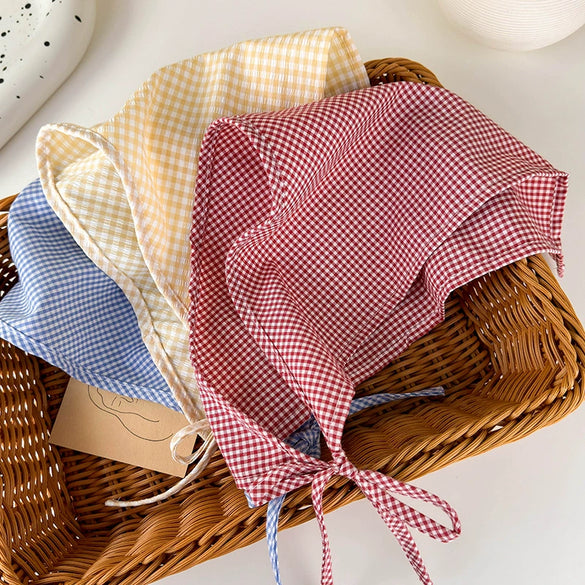 Plaid Silk Turban Scarf For Women Spring And Summer Hair Accessory In French Pastoral Style