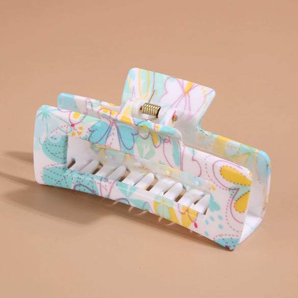 Plastic Rectangle Women's Grab Clip With Water Transfer Flower Printing