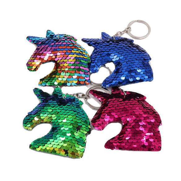 Plastic Reflective Double Sided Sequins Unicorn Head Key Chain Pendant