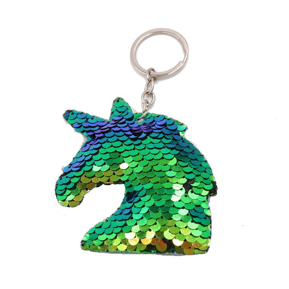 Plastic Reflective Double Sided Sequins Unicorn Head Key Chain Pendant