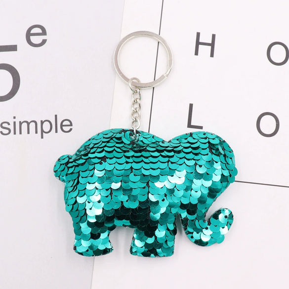 Plastic Reflective Doublesided Sequin Keychain In Modern Art Style With Elephant And Unicorn Shapes